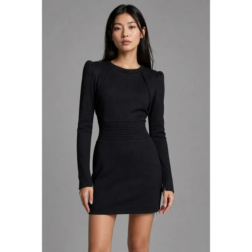 Kova & T size 2 Black Structured Puff Sleeve Mini Dress Bodycon Designer (102)